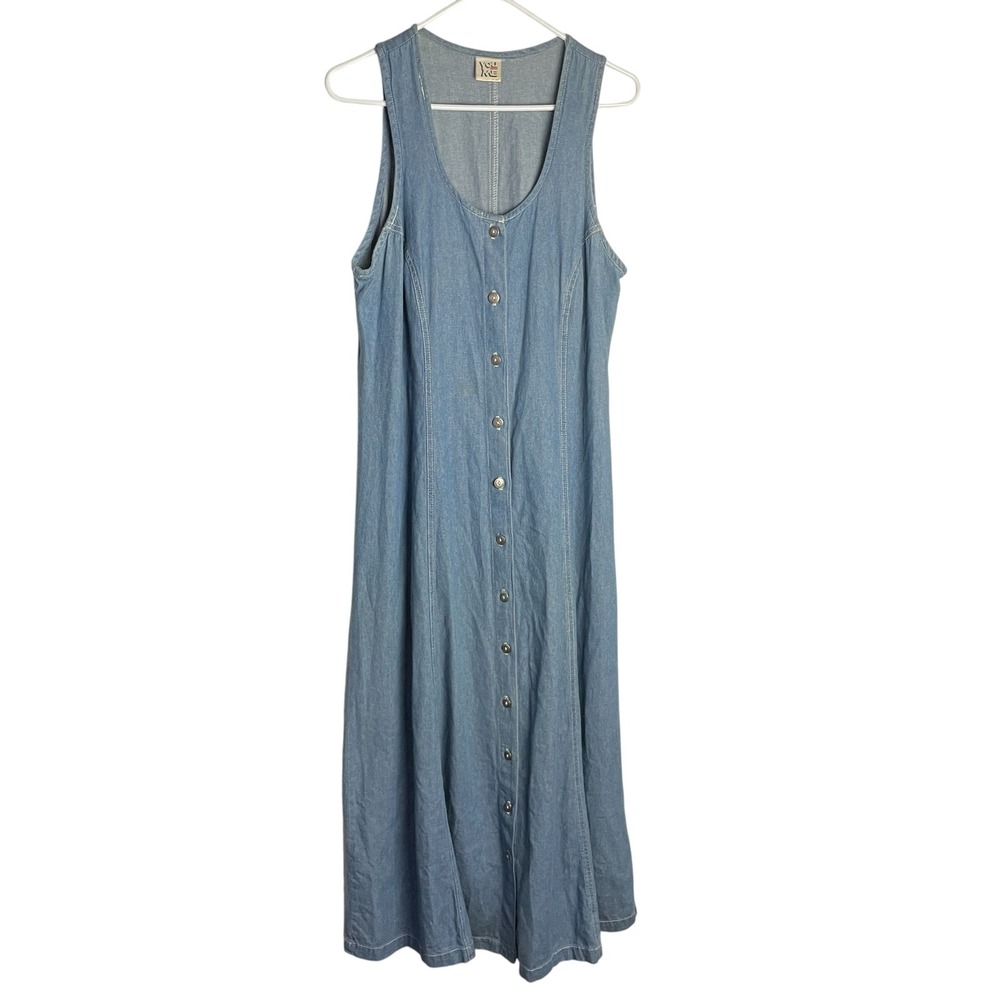 Vintage 90s You and Me Womens Denim Dress Size 12 Blue Sleeveless Button Up Maxi
